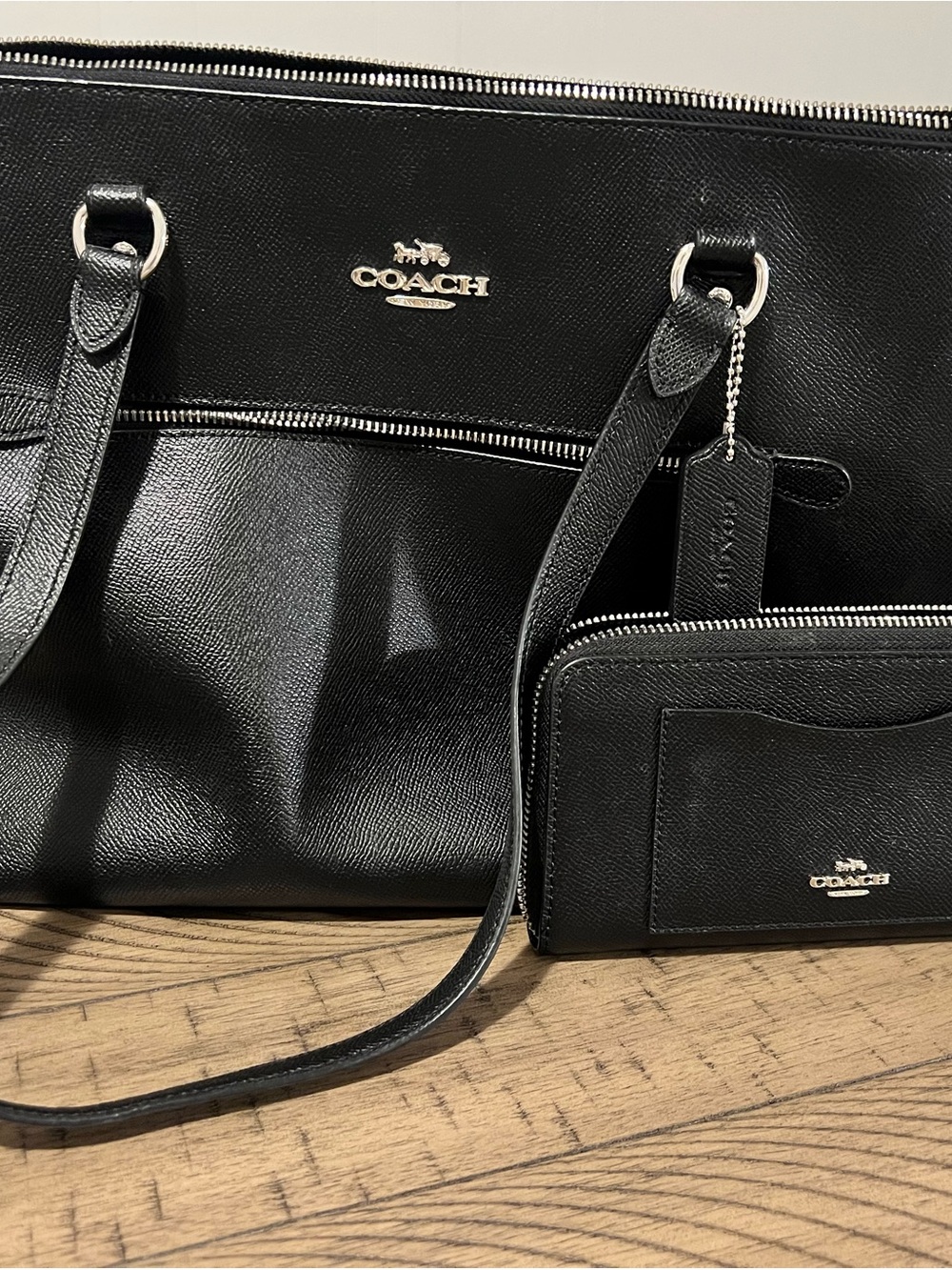Coach Black Leather Tote with Zip Wallet and Silver Hardware